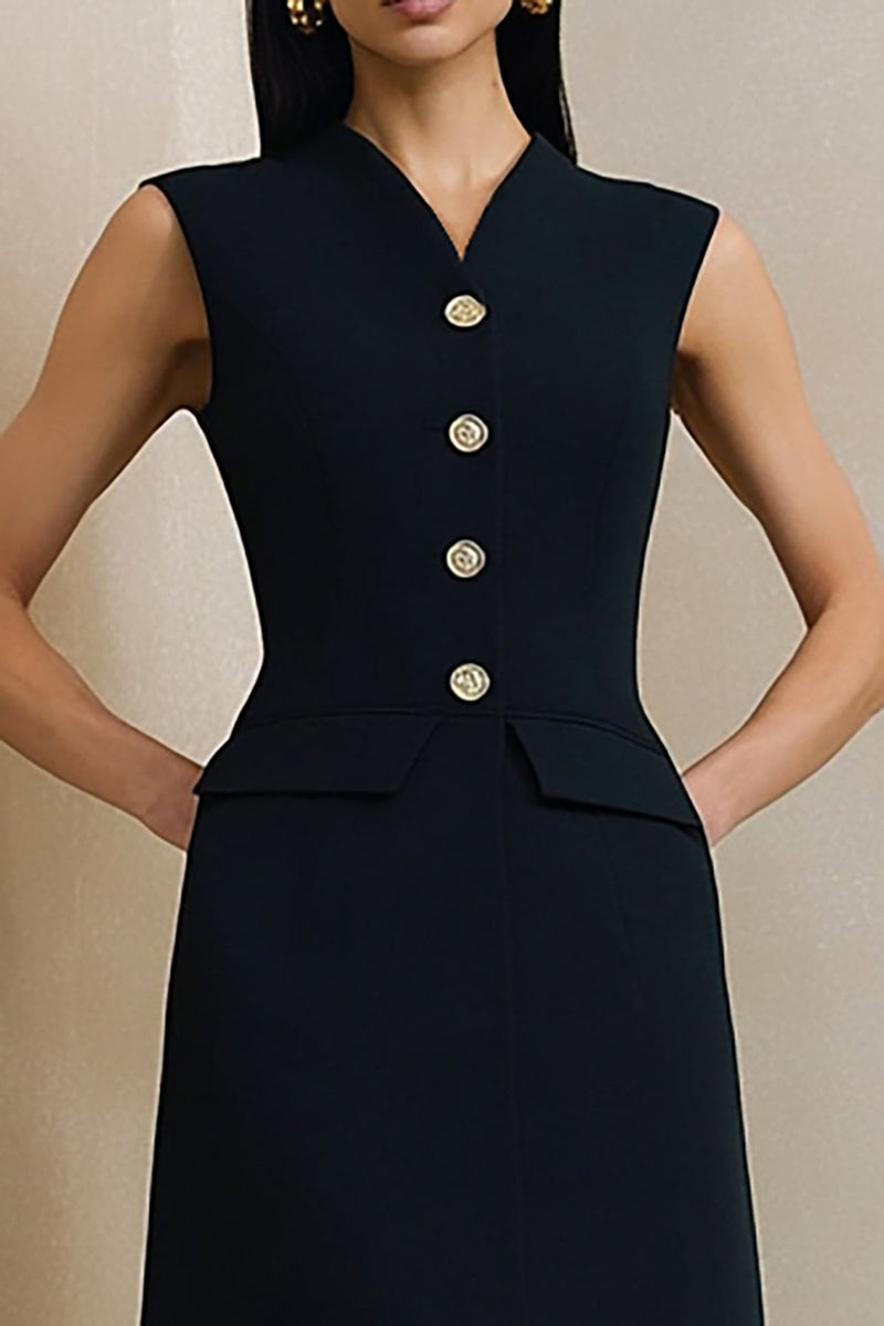 Load image into Gallery viewer, V-Neck Black A Line Midi Work Dress with Buttons