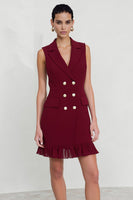 Load image into Gallery viewer, Notched Lapel Burgundy Double Breasted Short Blazer Dress with Ruffles