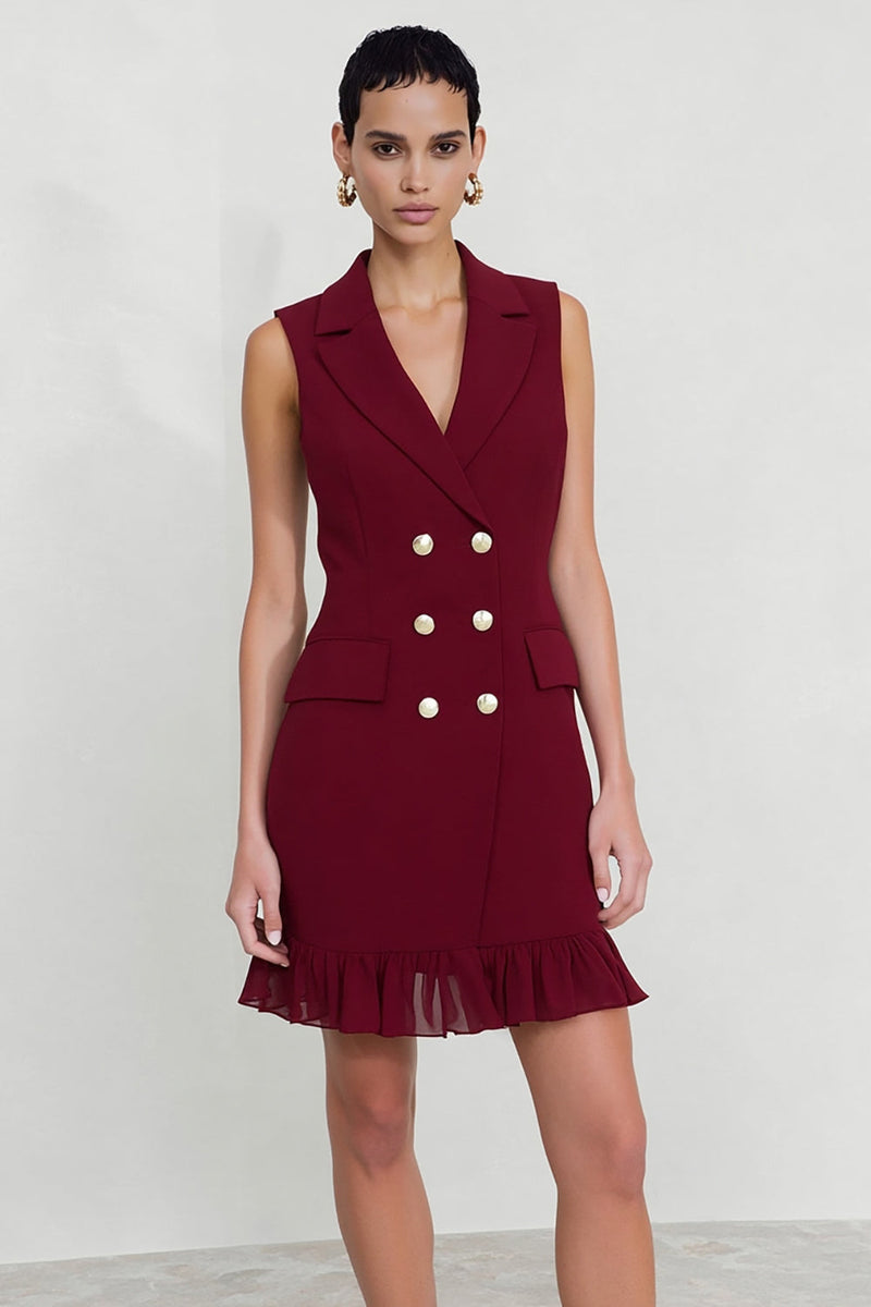 Load image into Gallery viewer, Notched Lapel Burgundy Double Breasted Short Blazer Dress with Ruffles