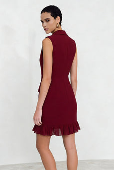 Notched Lapel Burgundy Double Breasted Short Blazer Dress with Ruffles