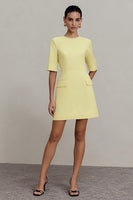 Load image into Gallery viewer, Crew Neck Short Light Yellow Work Dress with Sleeves