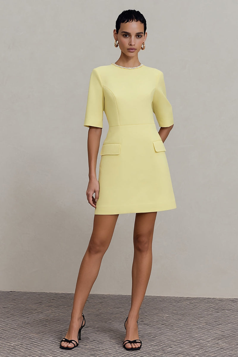 Load image into Gallery viewer, Crew Neck Short Light Yellow Work Dress with Sleeves