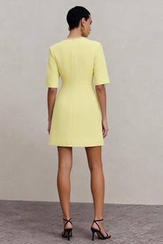 Crew Neck Short Light Yellow Work Dress with Sleeves