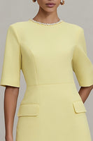 Load image into Gallery viewer, Crew Neck Short Light Yellow Work Dress with Sleeves