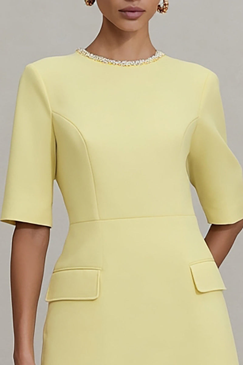Load image into Gallery viewer, Crew Neck Short Light Yellow Work Dress with Sleeves