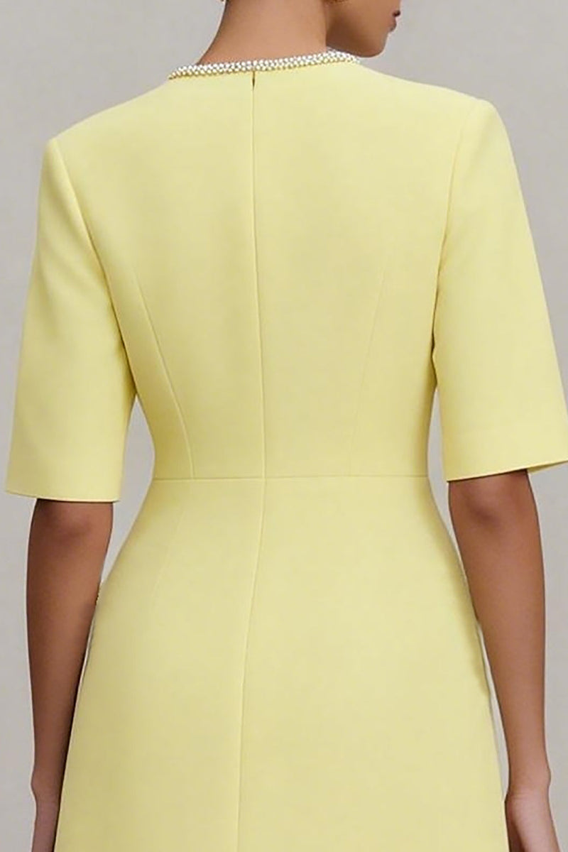 Load image into Gallery viewer, Crew Neck Short Light Yellow Work Dress with Sleeves