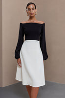 Load image into Gallery viewer, Off the Shoulder Black and White A Line Midi Work Dress with Sleeves