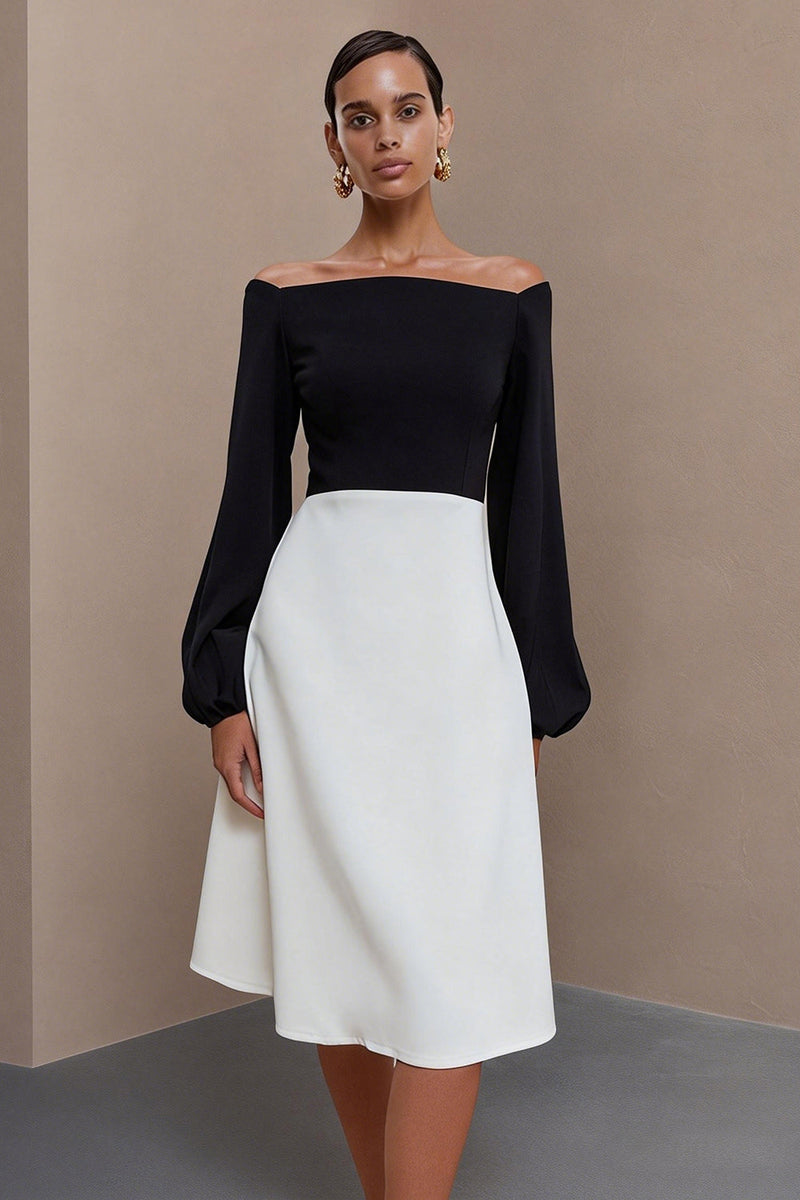 Load image into Gallery viewer, Off the Shoulder Black and White A Line Midi Work Dress with Sleeves