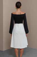Load image into Gallery viewer, Off the Shoulder Black and White A Line Midi Work Dress with Sleeves