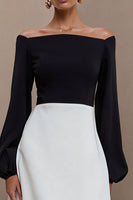 Load image into Gallery viewer, Off the Shoulder Black and White A Line Midi Work Dress with Sleeves