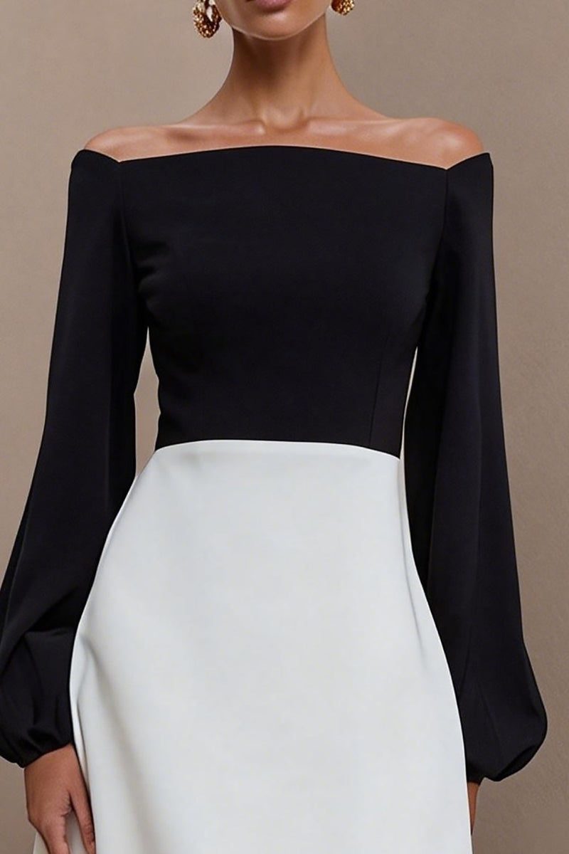 Load image into Gallery viewer, Off the Shoulder Black and White A Line Midi Work Dress with Sleeves