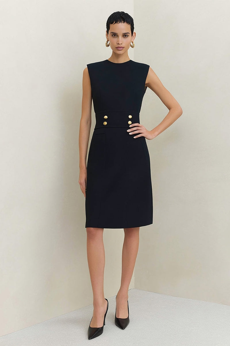 Load image into Gallery viewer, Pencil  Crew Neck Midi Black Work Dress with Buttons