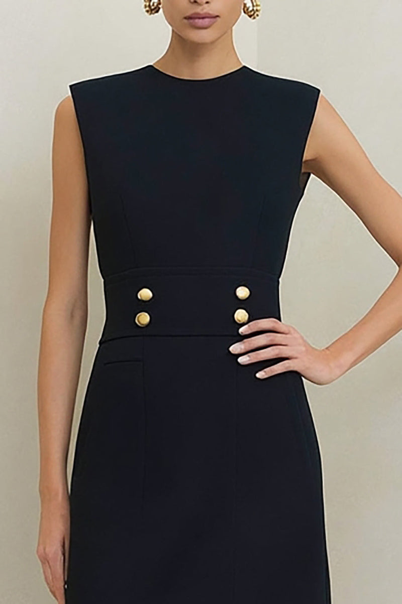 Load image into Gallery viewer, Pencil  Crew Neck Midi Black Work Dress with Buttons