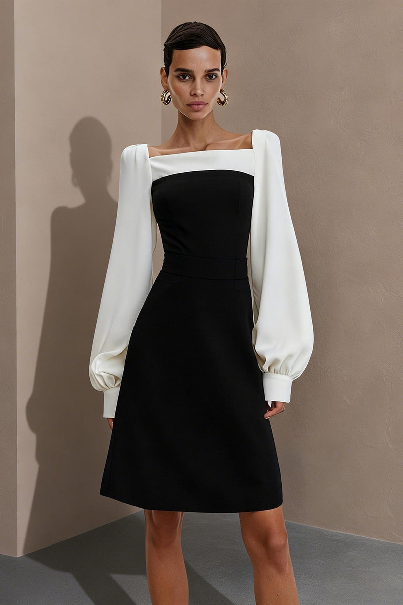 Load image into Gallery viewer, Square Neck Black and White Short Work Dress with Sleeves
