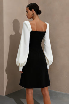 Square Neck Black and White Short Work Dress with Sleeves