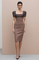 Load image into Gallery viewer, Brown Cheetah Print Square Neck Pencil Midi Work Dress with Sleeves