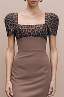 Load image into Gallery viewer, Brown Cheetah Print Square Neck Pencil Midi Work Dress with Sleeves
