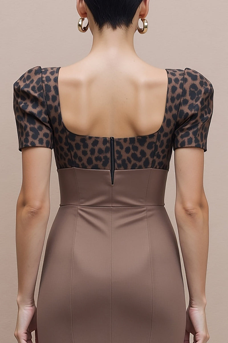 Load image into Gallery viewer, Brown Cheetah Print Square Neck Pencil Midi Work Dress with Sleeves