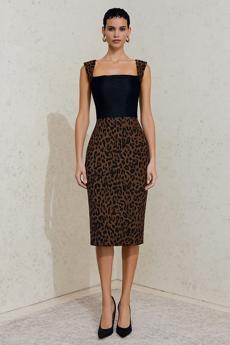 Load image into Gallery viewer, Square Neck Black and Brown Cheetah Print Midi Work Dress
