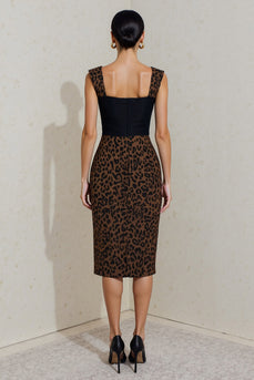 Square Neck Black and Brown Cheetah Print Midi Work Dress