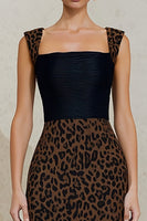 Load image into Gallery viewer, Square Neck Black and Brown Cheetah Print Midi Work Dress