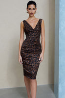 Load image into Gallery viewer, Brown Leopard Print Ruched V-Neck Pencil Midi Work Dress