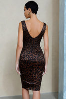 Load image into Gallery viewer, Brown Leopard Print Ruched V-Neck Pencil Midi Work Dress