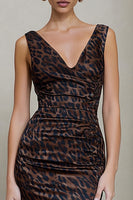 Load image into Gallery viewer, Brown Leopard Print Ruched V-Neck Pencil Midi Work Dress