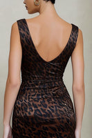 Load image into Gallery viewer, Brown Leopard Print Ruched V-Neck Pencil Midi Work Dress