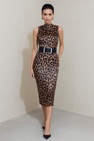 Load image into Gallery viewer, Leopard Print Brown Pencil Midi Work Dress with Belt