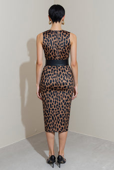 Leopard Print Brown Pencil Midi Work Dress with Belt
