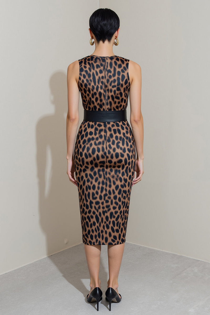 Load image into Gallery viewer, Leopard Print Brown Pencil Midi Work Dress with Belt