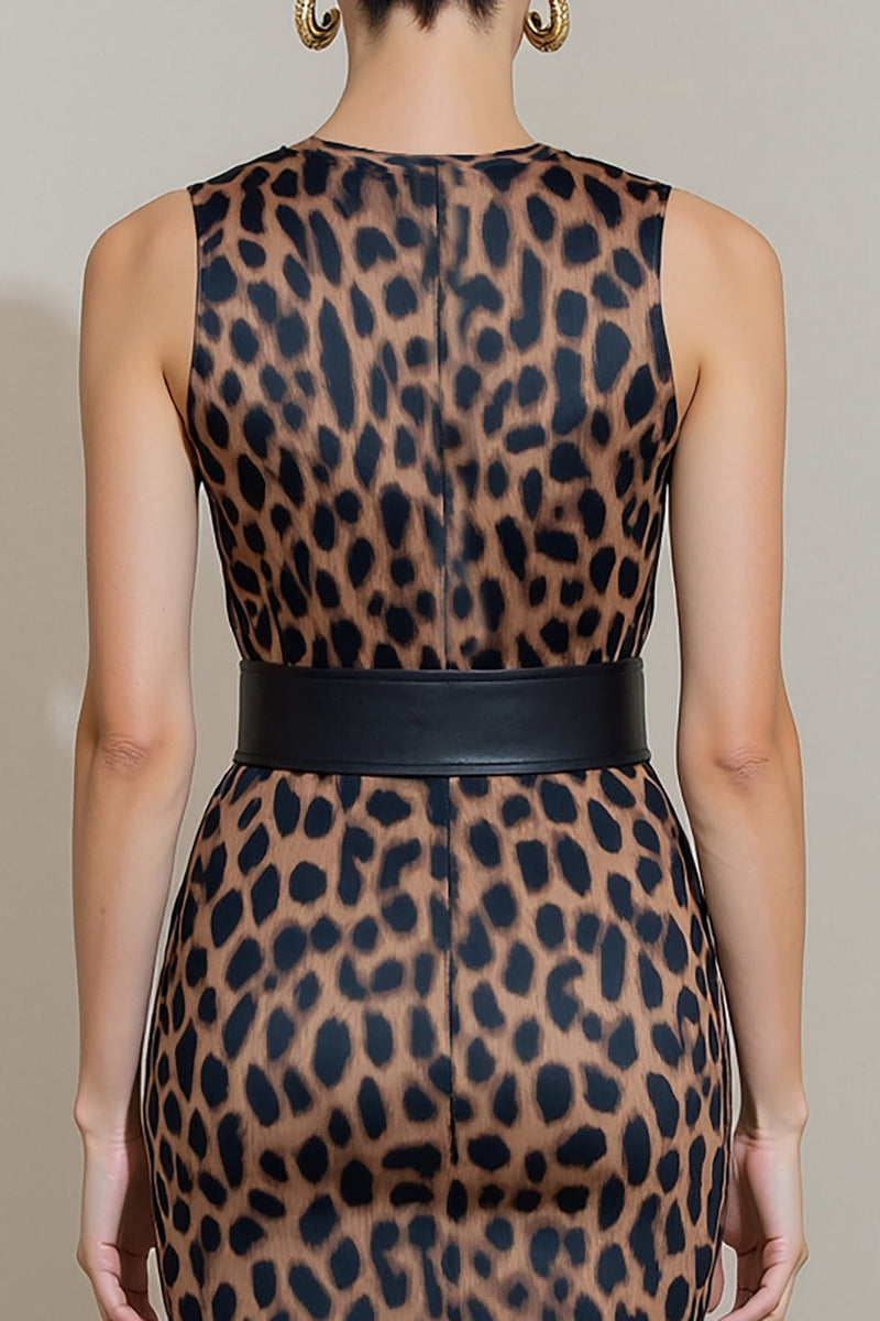 Load image into Gallery viewer, Leopard Print Brown Pencil Midi Work Dress with Belt