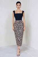 Load image into Gallery viewer, Leopard Print Black and Brown Pencil Midi Work Dress