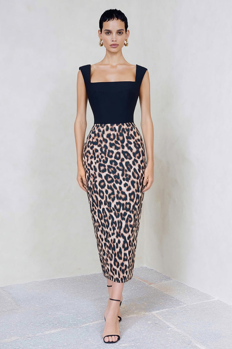 Load image into Gallery viewer, Leopard Print Black and Brown Pencil Midi Work Dress