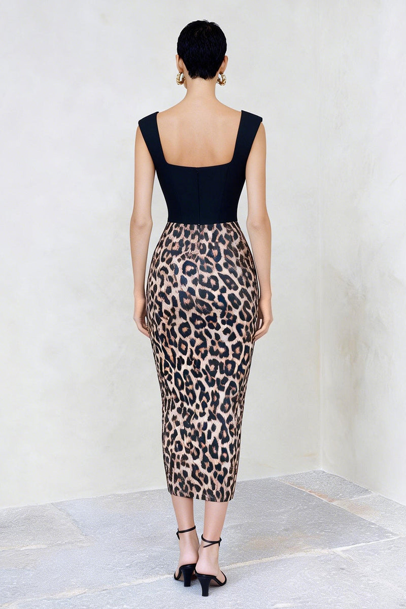Load image into Gallery viewer, Leopard Print Black and Brown Pencil Midi Work Dress