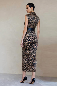 Brown Leopard Print Sheath V-Neck Long Work Dress with Belt