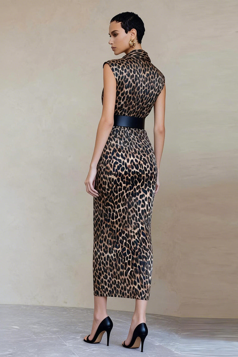 Load image into Gallery viewer, Brown Leopard Print Sheath V-Neck Long Work Dress with Belt