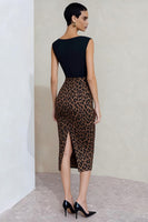 Load image into Gallery viewer, Black and Brown Leopard Print Pencil Midi Work Dress with Slit