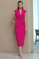 Load image into Gallery viewer, Fuchsia Ruched V-Neck Pencil Midi Work Dress