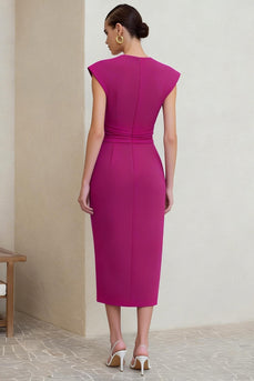 V-Neck Fuchsia Pencil Ruched Midi Work Dress