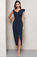 Load image into Gallery viewer, Asymmetrical Neck Navy Pencil Ruched Midi Work Dress with Slit
