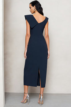 Asymmetrical Neck Navy Pencil Ruched Midi Work Dress with Slit