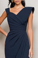 Load image into Gallery viewer, Asymmetrical Neck Navy Pencil Ruched Midi Work Dress with Slit