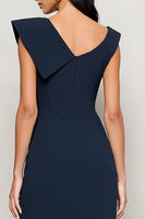 Load image into Gallery viewer, Asymmetrical Neck Navy Pencil Ruched Midi Work Dress with Slit