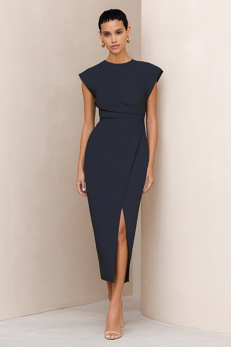 Load image into Gallery viewer, Round Neck Navy Pencil Ruched Midi Work Dress with Slit