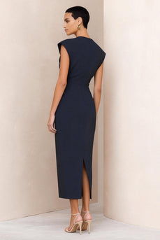 Round Neck Navy Pencil Ruched Midi Work Dress with Slit