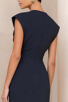 Load image into Gallery viewer, Round Neck Navy Pencil Ruched Midi Work Dress with Slit