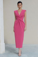 Load image into Gallery viewer, Hot Pink V-Neck Ruched Long Pencil Work Dress with Slit