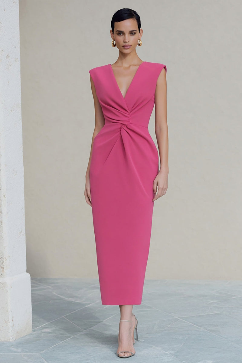 Load image into Gallery viewer, Hot Pink V-Neck Ruched Long Pencil Work Dress with Slit